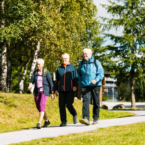 Tre litt eldre personer går over en gangvei nedenfor Geilo sentrum og ved Geilojordet