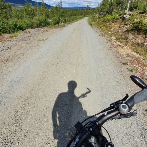 Skygge av en syklist og synlig sykkelstyre, på en grus vei med grønne trær langs side, og uendelig utsikt som slutter med runde fjell og lett skyet himmel.